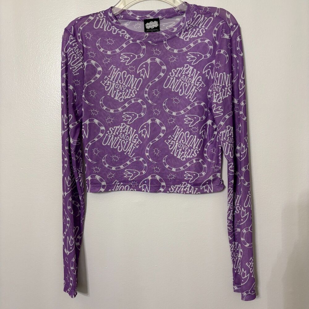 Beetlejuice Juniors L Purple Sheer Mesh Crop Top Strange Unusual Long Sleeve #16